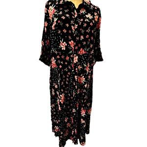 Button Down Black Floral Dress,Flowing,Pixie Goth, Grunge, Fairy Goth,Roomy